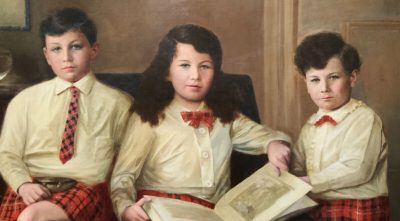 Scottish Family Antique Portrait Painting Of Children Wearing Red Tartan Kilts Huge Oil Portrait Painting Antique Art 6